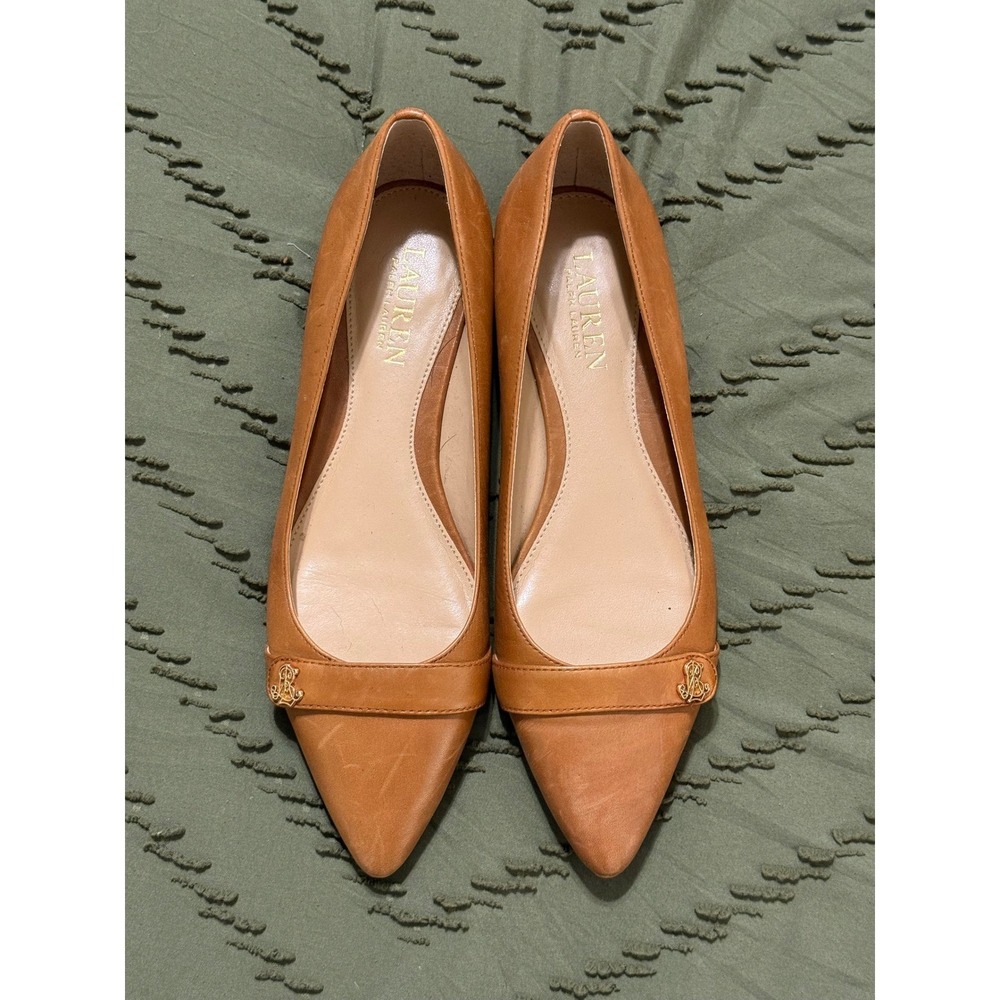 Lauren Ralph Lauren Womens Aminah Pointed Toe Flat 7B Tan Leather Gold Logo Shoe